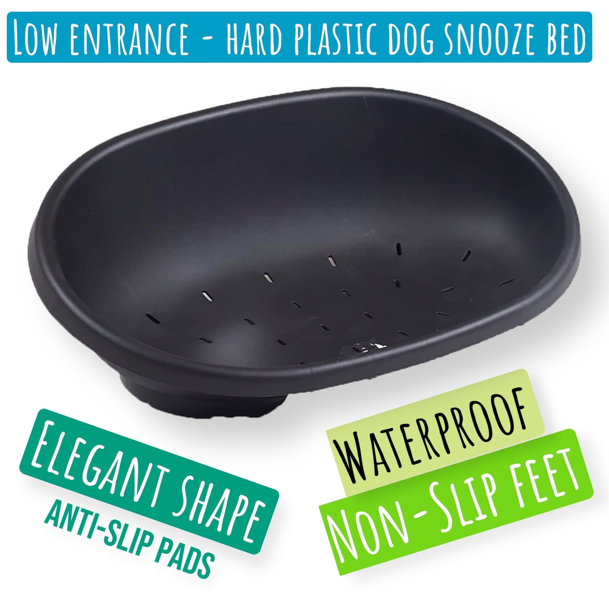 black plastic dog beds available in 5 sizes