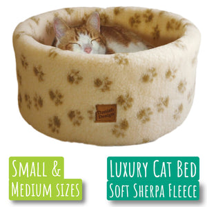 MyPetsDirect Ltd Danish Design Paw Print Cat Cosy Cream Bed / 2 Sizes / S, M